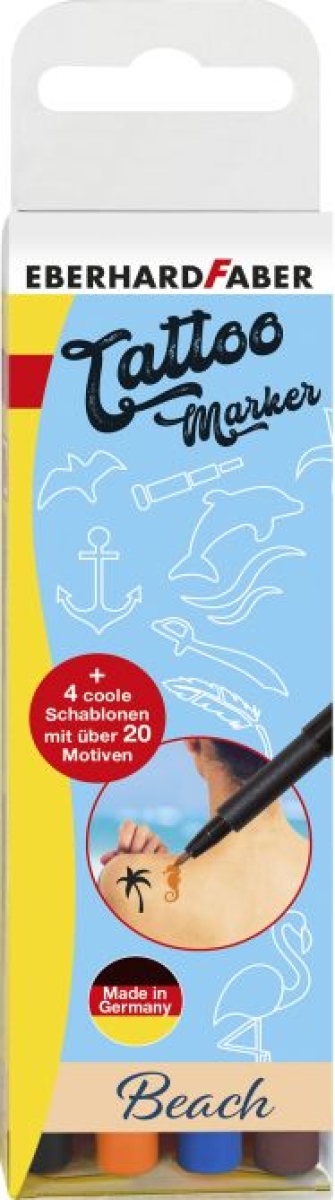 Eberhard FaberTattoo-Marker 4er-Etui Beach mit Schablone 559502Beach tattoo marker case of 4 with stencil 559502Artikel-Nr: 4087205595025