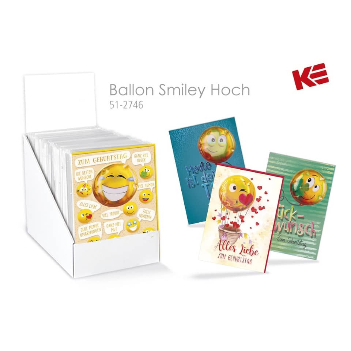 Birthday card Balloon Smiley, box of 24, assorted 51-2746-Price for 24 pcs.Article-No: 9004546555056