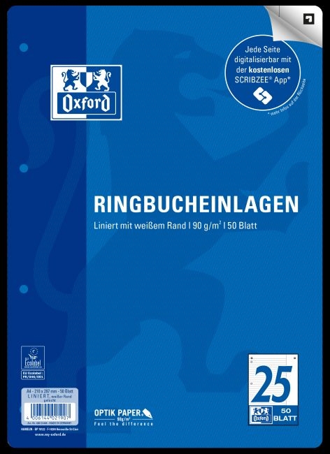 OxfordRing binder insert A4 50 sheets Oxford LIN25 lined with-Price for 5 pcs.Article-No: 4006144021907