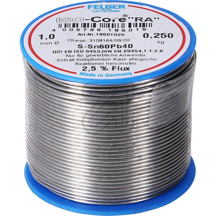 FelderSn60/Pb40 filament soldering wire, 1.0mm, 250g (observe the safety data sheet in the online shop)-Price for 0.2500 kgArticle-No: 730125