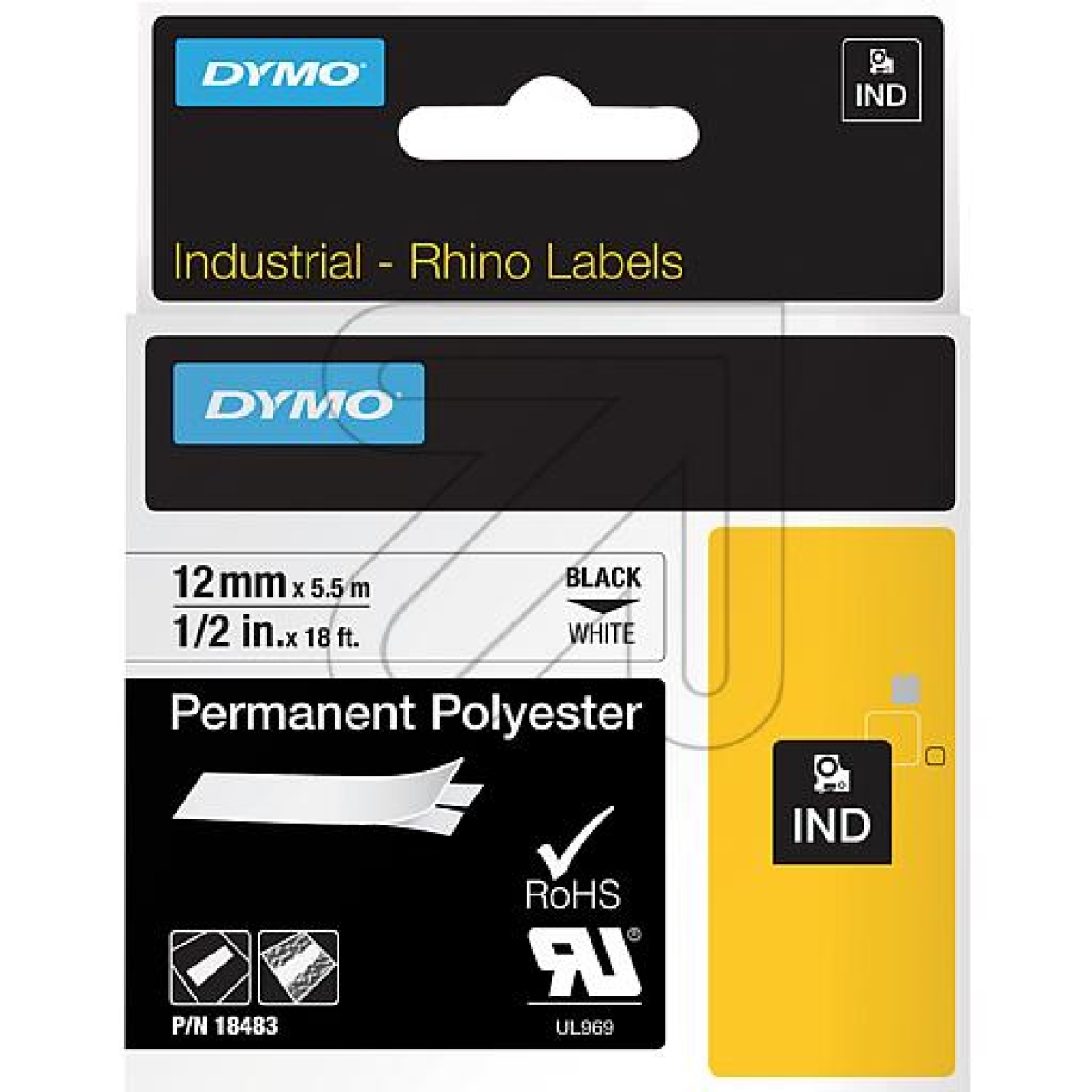 DYMOIndustrie-Schriftband IND-Polyester, B12mm 18483 - schwarz auf weiss
