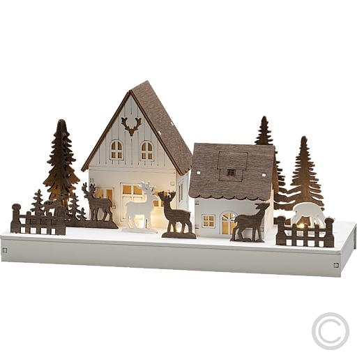KonstsmideLED-Holz-Leuchter Waldhäuser mit Rentieren 6 flamig 28x14cm mattw./braun 3282-210Artikel-Nr: 831725