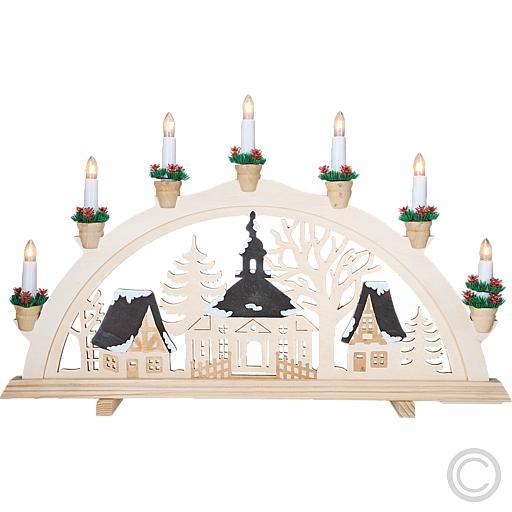 HeinzWooden candle arch Seiffener Kirche with top candles 34V/3W E10 7-winged 58x36cm natural 10739Article-No: 844380