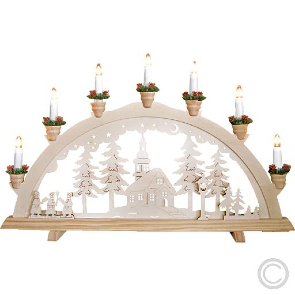 HeinzWooden candle arch Forest Church with 7 top candles 34V/3W E10 57x37cm natural 10715Article-No: 844490
