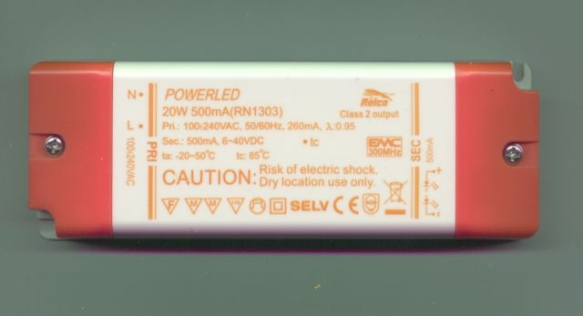 RelcoPOWERLED 500mA RN1303, power supply for power LED input voltage 100-240VArticle-No: RN1303L